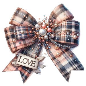 K&ouml;nnte beinhalten: Eine gro&szlig;e Schleife aus kariertem Stoff mit einer Perlen- und Strassverzierung. Die Schleife hat ein Etikett mit der Aufschrift "LOVE".