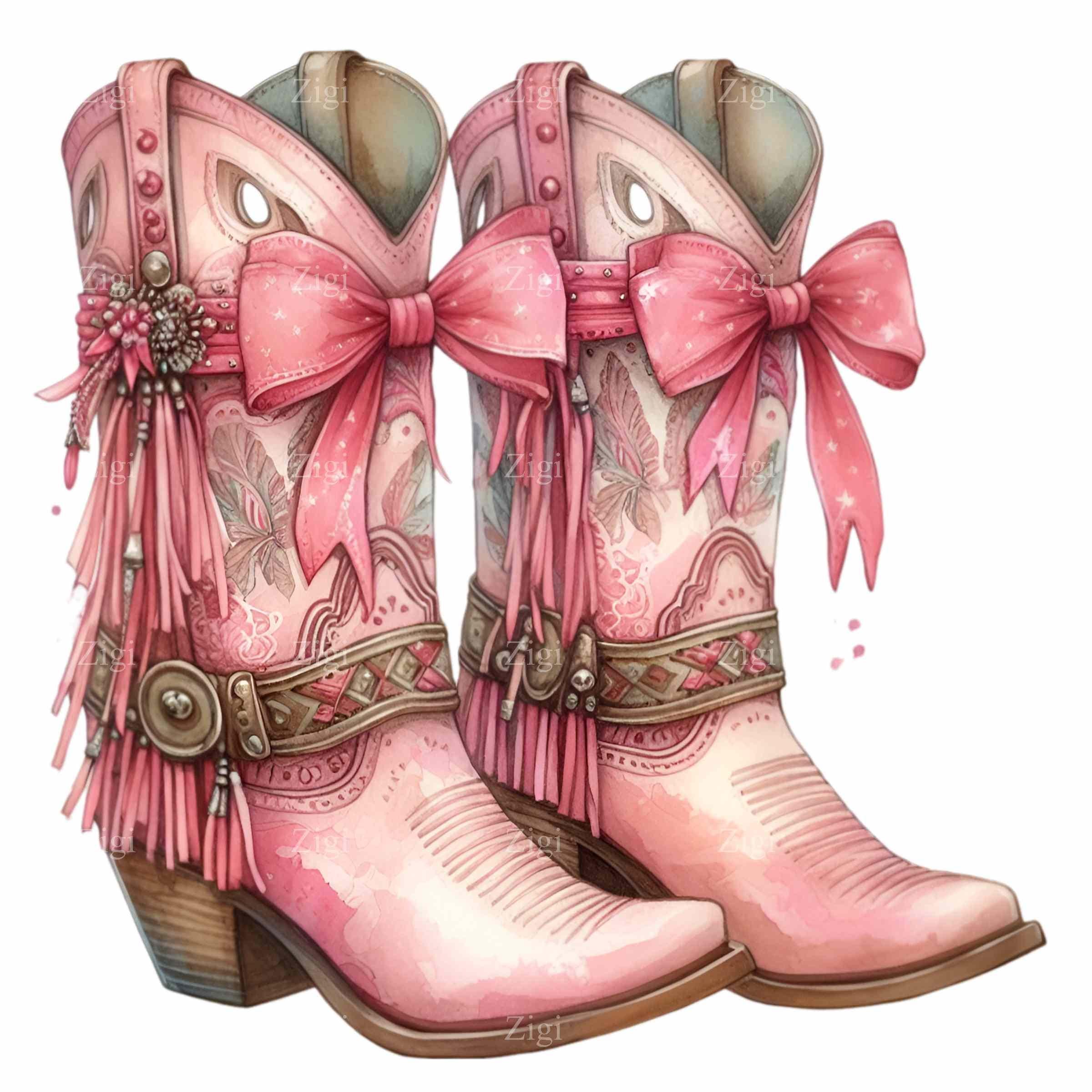 12 Pink Cowgirl Boots PNG Clipart, Western Boots With Bows and Flowers ...