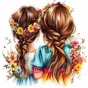 17 JPEG Duas meninas com cabelo trançado e coroas de flores Clipart, Ilustração de amizade floral, Impressão de arte digital JPG Download