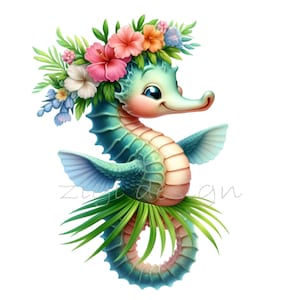 12 tropisch zeepaardje png, schattig strandzeepaardje clipart, Hawaiiaans oceaandier, bloemenkroon digitale kunst
