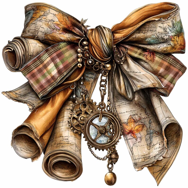 Steampunk Ribbon 10 PNG Steampunk Map Bow – Vintage Ribbon PNG Clipart – Watercolor ...