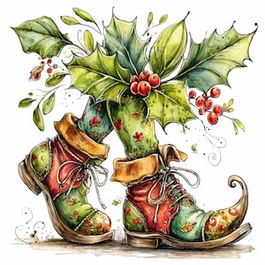 Könnte beinhalten: Aquarellillustration von skurrilen Elfenstiefeln und -beinen, verziert mit Stechpalmen und Beeren. Die Stiefel sind grün mit roten Akzenten und floralen Mustern, mit gebogenen Zehen und Schnürsenkeln. Ein festliches Design zum Thema Feiertage.