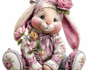 15 PNG Floral bunny clipart – Spring rabbit in flower outfit, nursery, Easter, baby shower