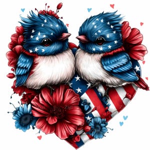 12 aves patrióticas PNG Clipart: aves rojas, blancas y azules con bandera de EE. UU., corazón y flores – Arte digital del 4 de julio