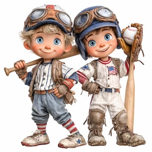 Può includere: Due giocatori di baseball dei cartoni animati, uno con una mazza e l'altro con una palla da baseball in un guanto. Indossano uniformi da baseball vintage, caschi con occhiali e ginocchiere. Le uniformi sono bianche con strisce blu e una bandiera americana.