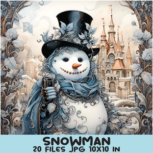 20 JPEG 雪の城のクリップアート – 雪だるまの冬のバンドル – 20 JPG 10x10 クリスマスカード、工芸品、お祝いの装飾のためのエレガントなシーン