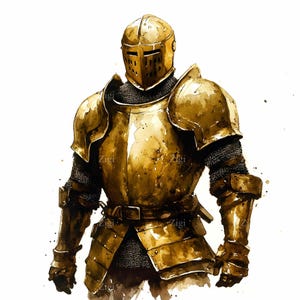 16 JPEG Golden Knight Clipart JPEG – Guerreiro medieval em armadura brilhante com capacete fechado, ilustração de personagem cruzado de batalha de fantasia