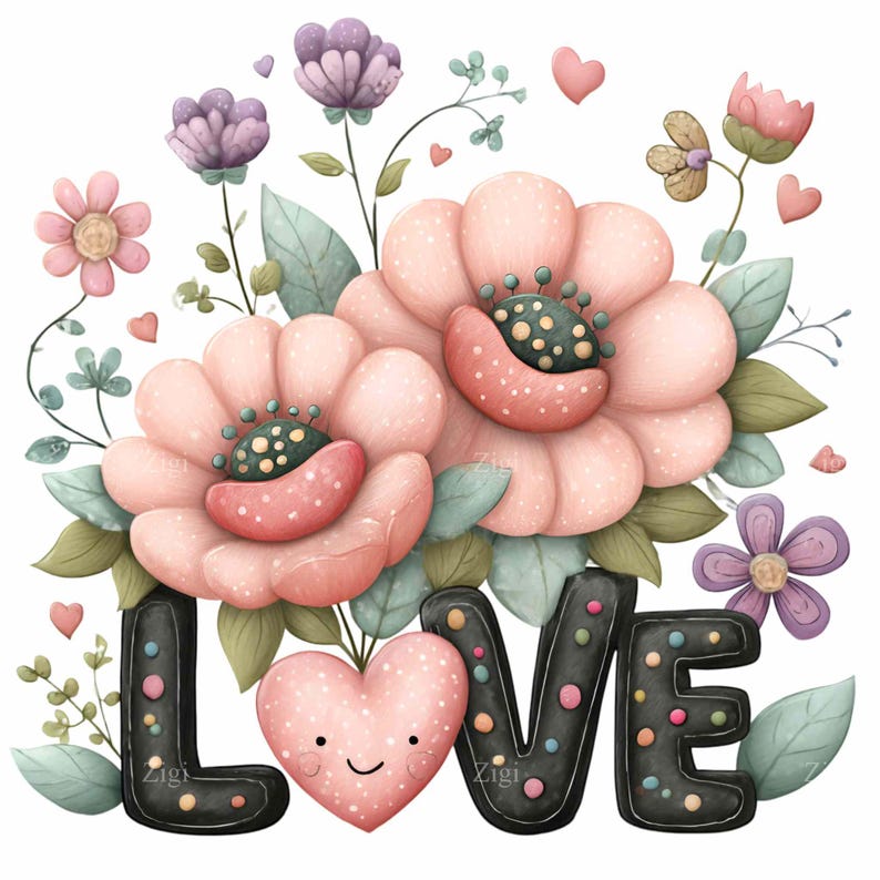 12 PNG Floral LOVE Clipart – Romantic Flower Letters PNG for Valentine ...
