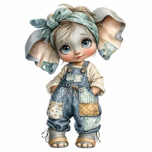 May include: A whimsical illustration of an elephant character with large blue eyes, wearing a blue denim overall with patchwork pockets, a white long-sleeve shirt, and a teal polka-dot headband. The elephant has large ears and is standing upright.