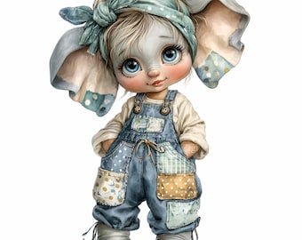 16 PNG Watercolor Elephant Girl, Patchwork Overalls Clipart, Blue Nursery Art