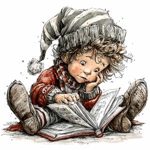 May include: Illustration of a child with curly hair, wearing a striped hat, red jacket, and scarf, engrossed in reading a book. The child is sitting with legs crossed, focused on the open pages.