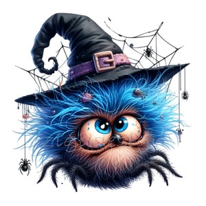 Blue Fuzzy Spider Witch Clipart 15 PNG - Cute Spider in Witch Hat with Webs and Spiders - Halloween Digital Illustration