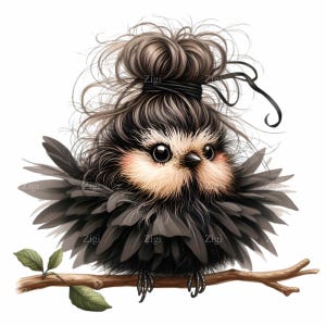 May include: A black bird with a fluffy brown and black head, wearing a black hair tie in a bun. The bird is perched on a branch with green leaves.