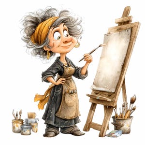May include: A cartoon illustration of an elderly artist with grey curly hair, wearing a yellow headscarf, gold hoop earrings, and a brown apron. She holds a paintbrush in front of a wooden easel with a blank canvas. Paintbrushes and paint pots are in the foreground.