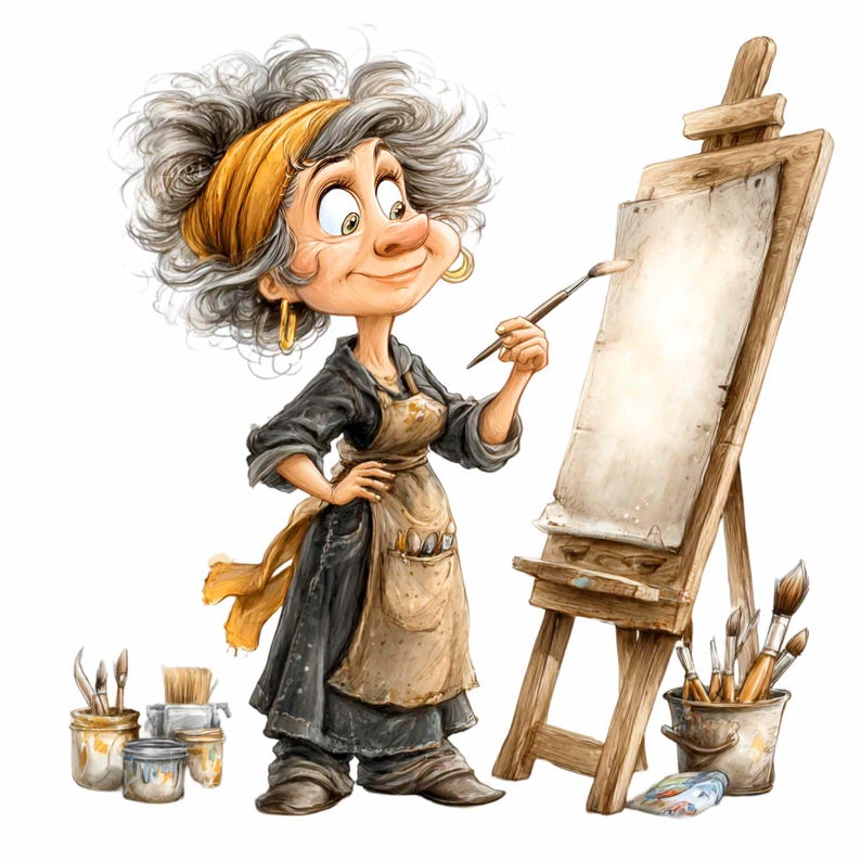 May include: A cartoon illustration of an elderly artist with grey curly hair, wearing a yellow headscarf, gold hoop earrings, and a brown apron. She holds a paintbrush in front of a wooden easel with a blank canvas. Paintbrushes and paint pots are in the foreground.