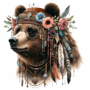 12 imágenes PNG de osos con gafas, plumas, flores y cuentas: arte intrincado de animales del bosque para manualidades y decoración