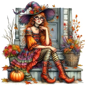 14 Clipart PNG di strega autunnale, ragazza in calzamaglia a righe e vestito colorato seduta in veranda con zucche e fiori autunnali