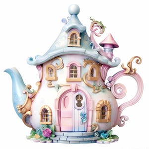 39 JPEG Teapot House Clipart, Illustrazione di cottage da favola JPEG, Opera d'arte digitale per l'artigianato
