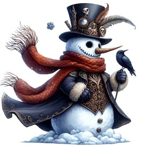 15 Steampunk bonhomme de neige PNG Clipart, bonhomme de neige gothique hiver avec corbeau, téléchargement d'Art de Noël victorien vintage