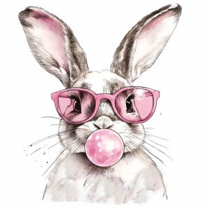 16 Trendy Bunny PNG Clipart - Coniglio acquerello con occhiali da sole rosa e gomma da masticare - Divertente arte digitale per artigianato e arredamento