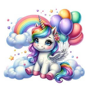 10 imágenes prediseñadas de unicornio arcoíris PNG: un lindo pegaso con globos, nubes y arcoíris. Arte de sublimación mágico para decoración de cumpleaños infantil.