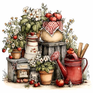 Könnte beinhalten: Aquarellillustration einer Gartenszene mit Topfpflanzen, Tomaten und einer roten Gießkanne. Ein Glas mit Tomaten ist mit einem rot-weiß karierten Tuch bedeckt. Eine kleine Holzkiste trägt das Wort "Festival".