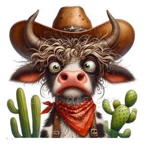 12 divertenti clipart PNG di toro da cowboy con cappello, bandana, cactus – Arte di animali da fattoria occidentali per sublimazione e artigianato