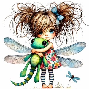 14 Cute Girl com libélula brinquedo de pelúcia PNG Clipart - Ilustração infantil caprichosa - Download digital para projetos de artesanato