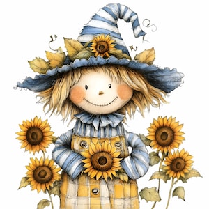 12 schattige png-clipart vogelverschrikker – meisje met gestreepte hoed met zonnebloemen – digitale download herfstoogst voor herfstambachten