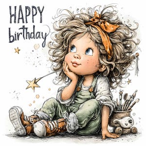 18 imágenes JPEG de niña con estrella – Feliz cumpleaños JPG Clipart – Arte infantil caprichoso con varita mágica para tarjetas, invitaciones, decoración imprimible para fiestas