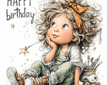 18 JPEG Girl with star – Happy Birthday JPG Clipart – Whimsical Child Art with Magic Wand for Cards, Invitations, Printable Party Decor