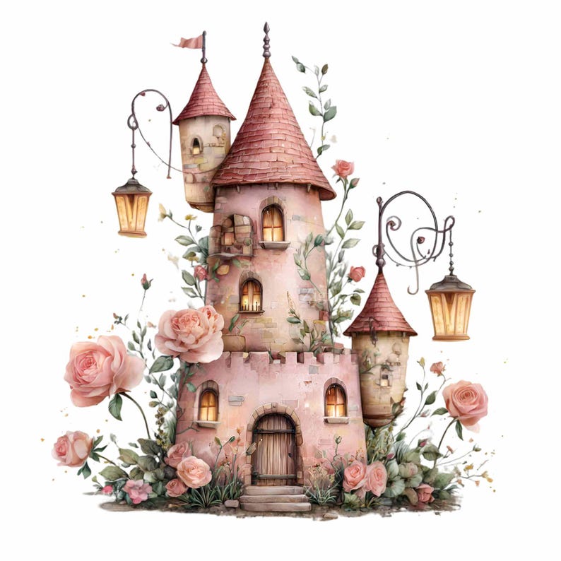 Turret And Roses 16 PNG Fairy Castle Clipart – Whimsical Rose Tower PNG With Lanterns ...