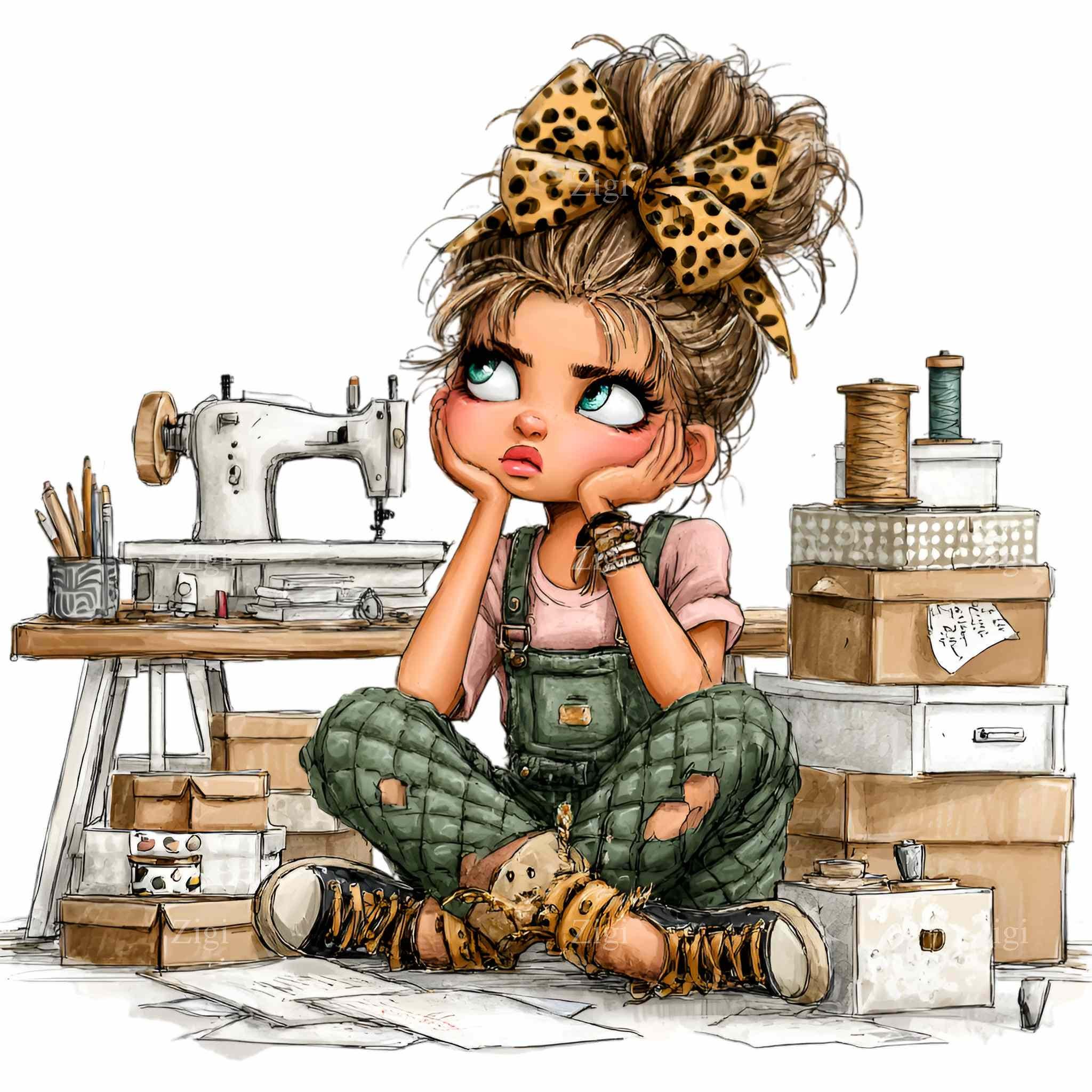 15 PNG Sewing Girl Clipart, Craft Room Illustration Hobbyist Art ...