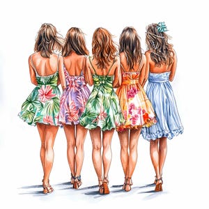 29 JPEG Cinco Mujeres Clipart JPG – Grupo de Chicas con Coloridos Vestidos Florales de Verano Caminando Juntas, Arte de Moda Tropical