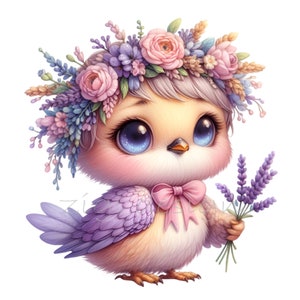 15 niedlicher Blumenvogel PNG Clipart, entzückender Babyvogel mit Lavendel und Blumenkrone, wunderliche Frühlings-Digital-Kunst