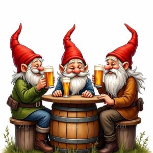 18 JPEG Gnome Beer Tasting Clipart – JPG Tavern Illustration – Funny Dwarf Friends with Ale at Barrel Table voor stickers, knutselen, decor