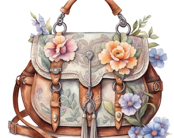 10 PNG Vintage Floral Handbag Purse Clipart, Leather Bag
