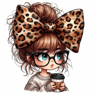 Cute Girl PNG Clipart with Leopard Print Bow, Glasses, and Coffee Cup | 12 Adorable Coffee Lover Art | Perfect for Digital Projects