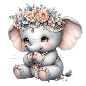 12 schattige olifant png-clipart, babyolifant met bloemenkroon en juwelen, schattige digitale dierenkunst voor knutselen en decoreren