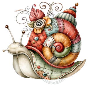 May include: A snail illustration featuring a patchwork shell composed of various colored fabric segments in shades of red, orange, green, and blue, accented with visible stitching, a large dark button, and decorative floral elements.