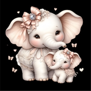 May include: Two white elephants with pink accents. The larger elephant wears a pink bow and a white lace dress. The smaller elephant wears a pink bow and a white lace dress. Both elephants have pink blush on their cheeks.