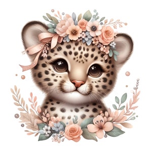 May include: A cute cartoon leopard cub wearing a pink ribbon and a floral crown. The crown is made of pink, peach, and blue flowers. The leopard cub is surrounded by a wreath of green leaves and pink flowers.
