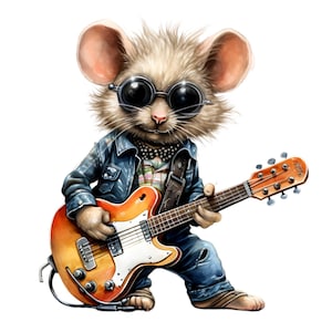 20 cliparts souris Rockstar PNG - guitariste, veste en jean, lunettes de soleil cool, art musical personnage animalier
