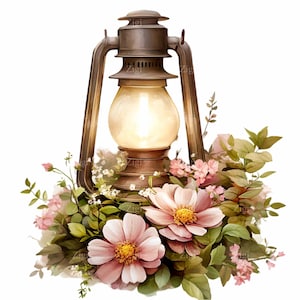 14 png vintage lantaarn clipart, rustieke bloemen lantaarn PNG, antieke olielamp met roze bloemen digitale download