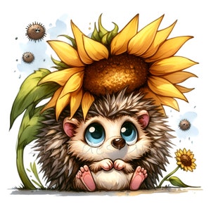 10 schattige egel met zonnebloem Clipart PNG – grote ogen, zomerbloemenhoed, schattige dierenkunst – digitale download