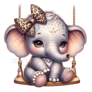 Clipart schattige babyolifant op schommel - schattige digitale afbeelding 12 png voor kinderkamerinrichting en kinderambachten