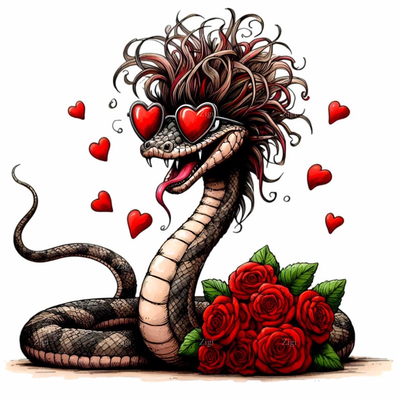 Quirky Snake With Roses PNG Clipart 12 Cute Snake in Heart Glasses