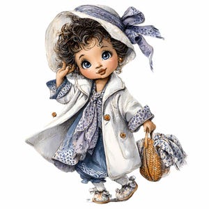 May include: A watercolour illustration of a child wearing a white coat, blue dress, and a hat with a bow. The child carries a woven basket and scarf. The image has a soft, whimsical style, with a focus on detail.