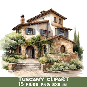 15 imágenes prediseñadas de casas toscanas PNG / Villa rústica italiana con jardín / 15 archivos de 8 x 8 pulgadas, descarga digital en acuarela