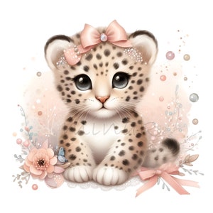 May include: A cute cartoon leopard with pink spots and a pink bow with a pearl in the center. The leopard is sitting on a white background with pink and blue flowers.